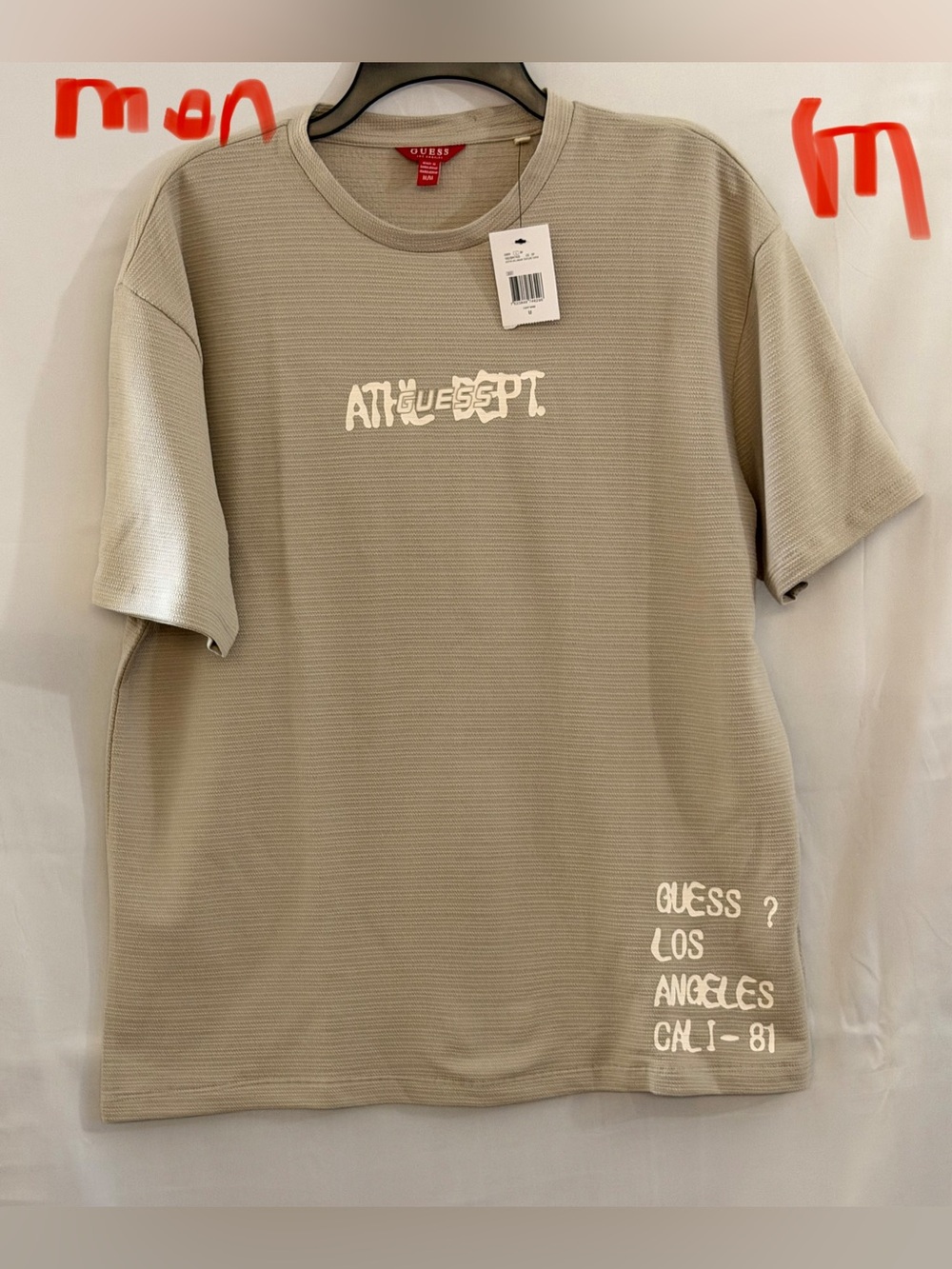 GUESS Men's Beige Short Sleeve Graphic Tee with White Print - Picture 1 of 2